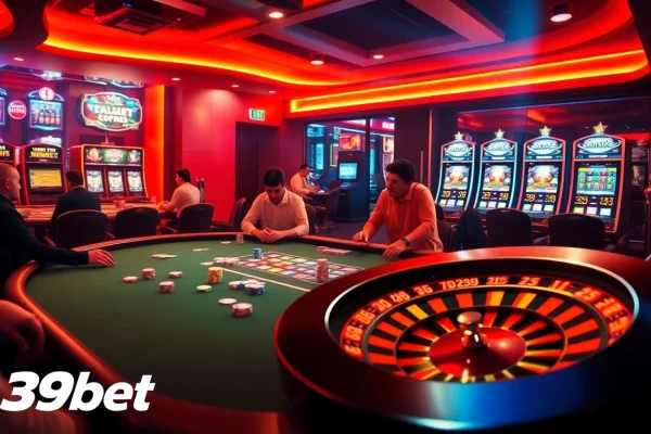 39bet poker players strategizing at a high-stakes game table with vibrant casino ambiance.